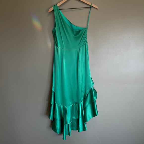 CINQ A SEPT Colina Satin One Shoulder Asymmetric Ruffle Dress Green Size 2 Chic - Picture 10 of 16